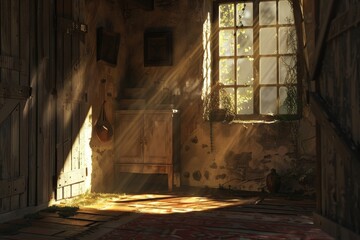 Aufkleber - Shadows and sunlight create a serene ambiance in an old room with peeling walls and leafy vines at golden hour