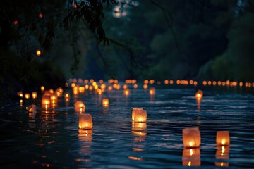 Poster - Colorful lanterns illuminate a tranquil river at dusk near a historic village with reflections sparkling on the water's surface