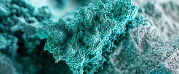Poster - Close-up of a microscopic image showing complex texture and structure of a molecular or cellular formation in turquoise and teal, symbolizing biotechnology and cellular biology.