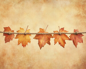 Poster - Close-up of autumn leaves hanging on a rope against a vintage background, symbolizing the fall season, change, and nature's transition.