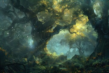 Poster - Majestic ancient tree surrounded by lush greenery and soft sunlight in a tranquil forest setting