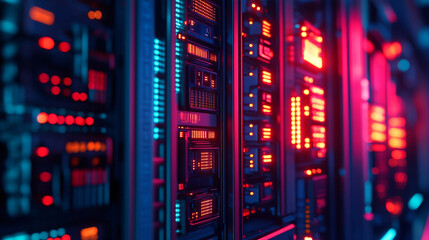 Poster - Vibrant digital server room illuminated with colorful lights and technology at night