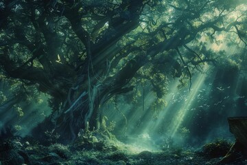Poster - Majestic ancient tree surrounded by lush greenery and soft sunlight in a tranquil forest setting