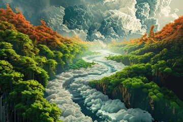 Poster - Stunning pixelated landscape featuring a serene lake, lush forests, and distant mountains during a bright day in a blocky world