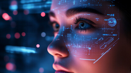 Poster - Futuristic woman with glowing technology interface overlay in a digital environment