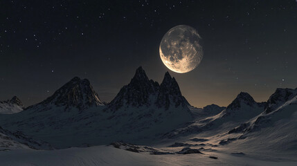 Aufkleber - A stunning snowy mountain landscape under a glowing full moon and starry sky, symbolizing the beauty and calm of a winter night in nature.