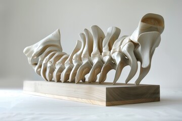 Poster - Unique wooden sculpture representing a series of stylized vertebrae in a sleek and modern design, displayed on a minimalistic wooden base under soft lighting