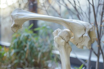 Poster - Detailed close-up of a human femur bone displayed in a natural lighting environment with greenery in the background, showcasing anatomical features of skeletal structure