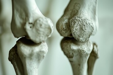 Poster - Detailed close-up of a human femur bone displayed in a natural lighting environment with greenery in the background, showcasing anatomical features of skeletal structure