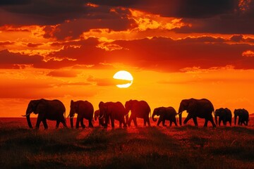 Aufkleber - Herd of elephants walking against a stunning sunset in the savanna, creating a tranquil atmosphere at dusk