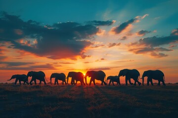 Poster - Herd of elephants walking against a stunning sunset in the savanna, creating a tranquil atmosphere at dusk