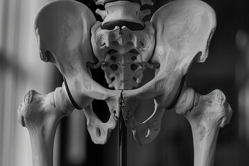 Poster - Lifelike anatomical model of human pelvis showcasing bone structure and detail in an educational setting