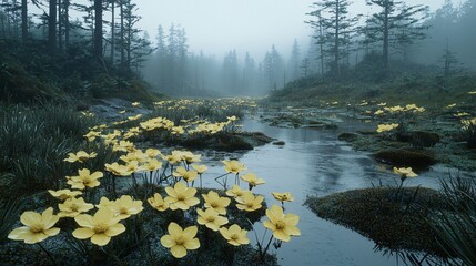 Poster - Misty forest stream, yellow flowers, tranquil nature scene, serene landscape, peaceful background