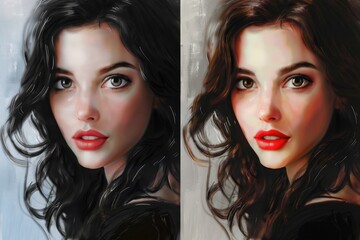 Poster - Artistic portrait of a young woman with dark hair and vibrant red lips, showcasing expressive features and a captivating gaze in a digital artwork setting