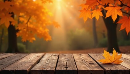 Wall Mural - Rustic wooden table, vibrant orange autumn leaves background , autumn, empty, texture