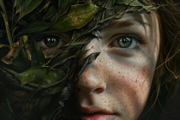 Poster - Artistic portrait of a young woman with dark hair and vibrant red lips, showcasing expressive features and a captivating gaze in a digital artwork setting