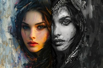 Poster - Artistic portrait of a young woman with dark hair and vibrant red lips, showcasing expressive features and a captivating gaze in a digital artwork setting