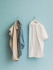 Wall Mural - Comparison of dirty and freshly laundered clothes displayed against a light blue wall. Generative AI