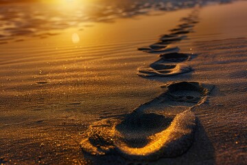 Poster - Footprints in the sand during sunset near the shoreline with golden hues illuminating the beach