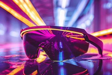 Poster - Colorful futuristic eyewear displayed against vibrant neon lights in a modern urban setting at night creating a striking visual effect