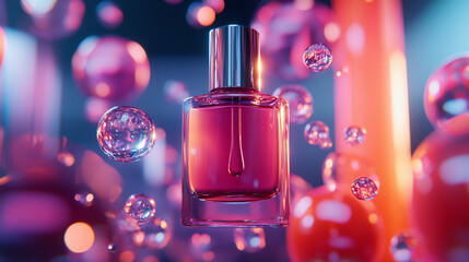 Poster - Colorful liquid in a glass bottle surrounded by bubbles and vibrant orbs in a stylized setting