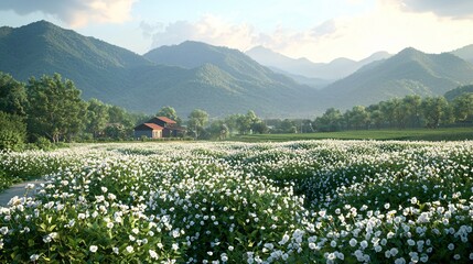 Wall Mural - Mountain village, flower field, sunset, rural peace