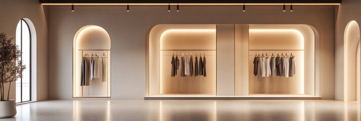 Leinwandbilder - Elegant clothing display in modern boutique showcasing minimalist design and warm lighting ambiance. Generative AI