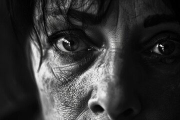 Poster - Portrait of a young girl with expressive eyes reflecting emotion, surrounded by a textured, dark background at dusk