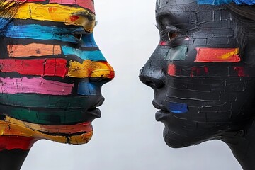 Wall Mural - photo of two contrasting colored silhouette faces, one representing calmness and the other representing chaos, symbolizing the complexities of bipolar disorder and split personalities.