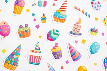 Poster - Festive collection of vibrant stickers featuring balloons, party hats, cakes, and confetti in various colors and designs. Generative AI