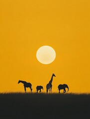 Poster - Wild animals silhouette at sunset with a large sun in the background over savannah plains. Generative AI