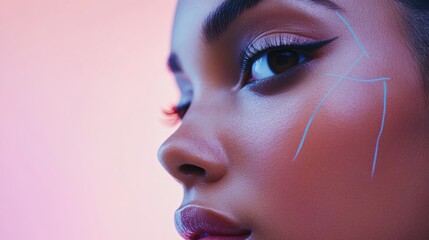 Creative makeup with vibrant colors showcasing unique eyeliner designs on a models face during a beauty shoot. Generative AI