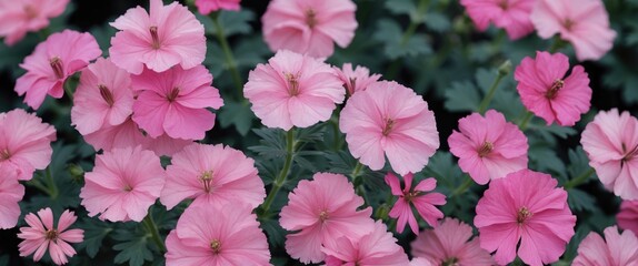 Poster - Blooming Pink Geranium Flowers with Lush Green Foliage and Blank Space for Text Overlay in a Vibrant Garden Setting