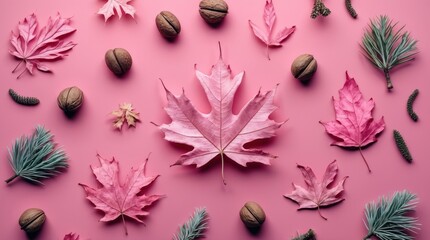 Poster - Colorful Dried Pink Maple Leaves and Nuts on Pink Background Minimalist Flat Lay Stylish Nature Composition with Copy Space