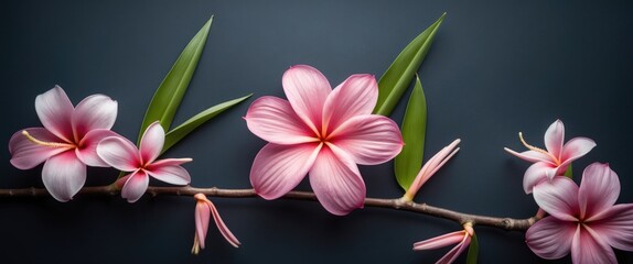 Poster - tropical pink flowers arranged on a dark background with green leaves creating an elegant design and