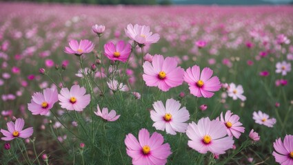 Poster - Blooming Pink Cosmos Flowers Field with Soft Focus and Space for Text or Graphics