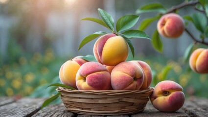Poster - Fresh Peaches in a Basket Surrounded by Nature with Soft Focus Background and Abundant Copy Space for Text or Graphics