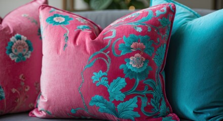 Poster - Elegant pink and turquoise velvet cushion with floral embroidery showcasing luxurious textile detail and vibrant color contrast in interior decor