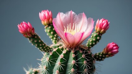 Poster - Blossoming Pink Cactus Flowers with Buds on a Soft Gray-Blue Background in Close-Up Focus and Small Depth of Field