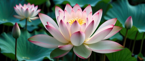 Poster - elegant pink and white lotus flowers gracefully bloom amidst lush green leaves showcasing the beauty