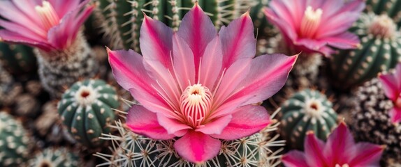 Poster - Vibrant Pink Cactus Flower in Bloom with Lush Green Background and Blank Space for Text or Branding
