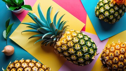 Poster - pineapple surrounded by vibrant colored papers and green leaves in artistic top view arrangement