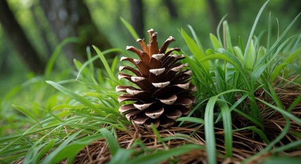 Poster - Pinecone resting among lush green grass in a peaceful woodland setting highlighting nature's intricate beauty and details.