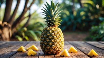 Poster - Fresh Pineapple Surrounded By Chunks On Rustic Wood Table With Lush Nature Background In Soft Natural Light