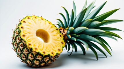 Poster - Fresh pineapple slice with vibrant green leaves, isolated on a clean white background for food and beverage design.