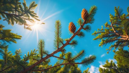 Poster - Pine branch with cones against a bright blue sky showcasing sunny weather and vibrant natural scenery from a unique bottom view perspective