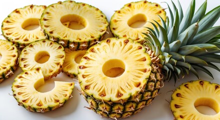 Poster - Fresh pineapple slices arranged on a white background showcasing vibrant textures and colors, ideal for food-related projects and advertisements.