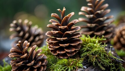 Poster - macro photography of pine cones resting on vibrant green moss showcasing nature's intricate details 
