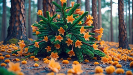 Poster - Vibrant fallen pine tree flowers amidst lush green foliage in a serene forest setting