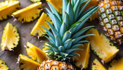 Poster - Fresh pineapple fruit with sliced segments showcasing vibrant yellow flesh and textured skin on rustic wooden background.